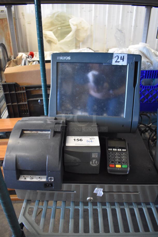 Micros 15" POS Monitor w/ Epson M188B Receipt Printer, Powervar Power Conditioner, Ingenico iPP320 Credit Card Reader and Metal Cash Drawer - Image 1 of 6