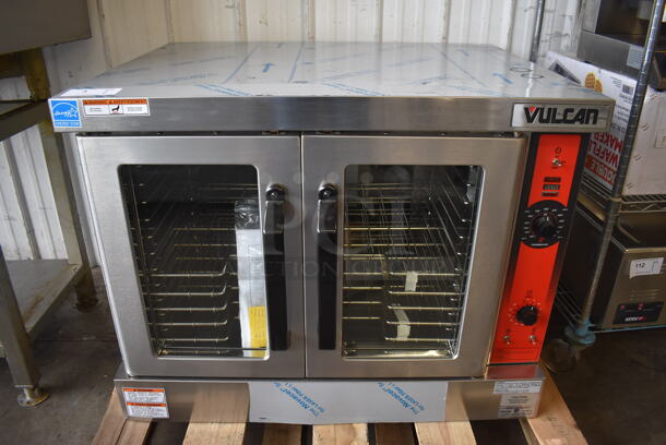 BRAND NEW SCRATCH AND DENT! Vulcan VC4GD-21D150K Stainless Steel Commercial Propane Gas Powered Full Size Convection Oven w/ View Through Doors, Metal Oven Racks and Thermostatic Controls. 50,000 BTU. 40x31x32