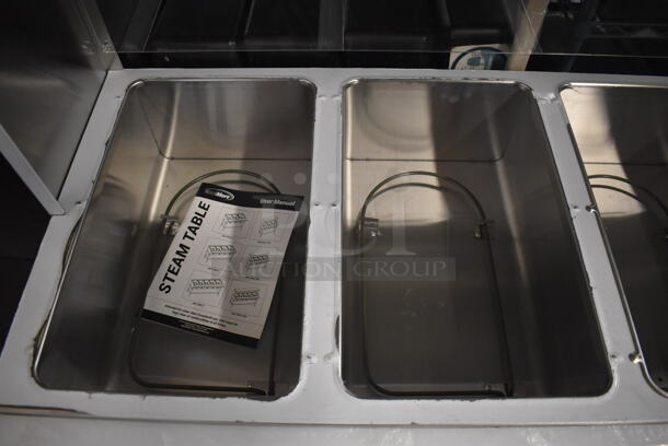 BRAND NEW SCRATCH AND DENT! 2022 KoolMore KM-OWS-5SG Stainless Steel Commercial Floor Style Electric Powered 5 Bay Steam Table w/ Cutting Board, Over Shelf and Sneeze Guard. 240 Volts. 72x31x50 - Image 2 of 8