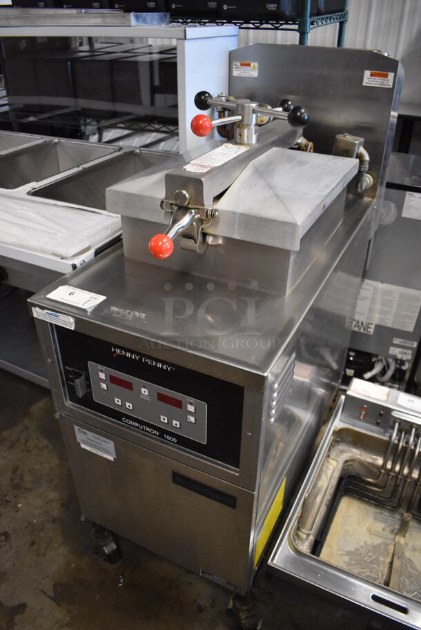 2018 Henny Penny 600 Stainless Steel Commercial Floor Style Natural Gas Powered Pressure Fryer on Commercial Casters. 80,000 BTU. 18x39x48 - Image 2 of 10