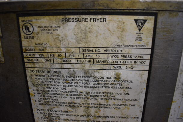 2018 Henny Penny 600 Stainless Steel Commercial Floor Style Natural Gas Powered Pressure Fryer on Commercial Casters. 80,000 BTU. 18x39x48 - Image 9 of 10