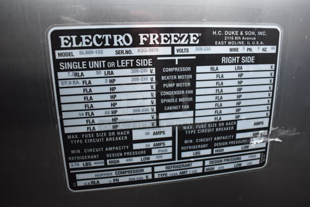 2011 Electro Freeze SL500-132 Stainless Steel Commercial Floor Style Water Cooled 2 Flavor w/ Twist Soft Serve Ice Cream Machine on Commercial Casters. 208-230 Volts, 3 Phase. 22x32x60 - Image 8 of 9