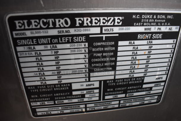 2011 Electro Freeze SL500-132 Stainless Steel Commercial Floor Style Water Cooled 2 Flavor w/ Twist Soft Serve Ice Cream Machine on Commercial Casters. 208-230 Volts, 3 Phase. 22x32x60 - Image 8 of 8