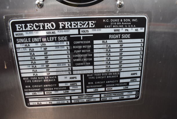 2011 Electro Freeze SL500-132 Stainless Steel Commercial Floor Style Water Cooled 2 Flavor w/ Twist Soft Serve Ice Cream Machine on Commercial Casters. 208-230 Volts, 3 Phase. 22x32x60 - Image 6 of 6
