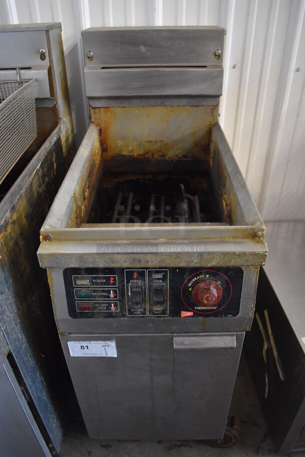 Cecilware Stainless Steel Commercial Electric Powered Floor Style Deep Fat Fryer on Commercial Casters. 208 Volts, 1 Phase. 15.5x30x45
