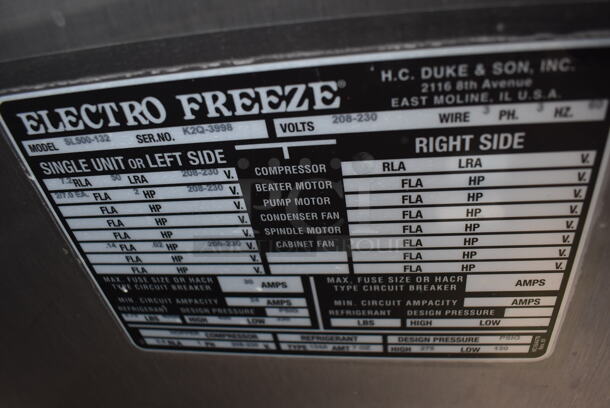 2011 Electro Freeze SL500-132 Stainless Steel Commercial Floor Style Water Cooled 2 Flavor w/ Twist Soft Serve Ice Cream Machine on Commercial Casters. 208-230 Volts, 3 Phase. 22x32x60 - Image 8 of 8