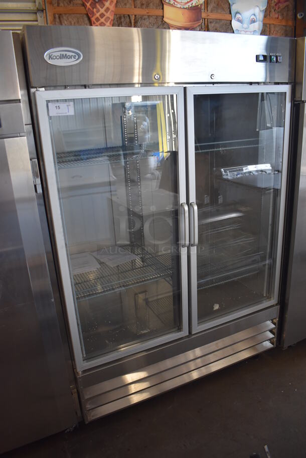 SCRATCH AND DENT! KoolMore RIR-2D-GD Stainless Steel Commercial 2 Door Reach In Cooler Merchandiser w/ Poly Coated Racks on Commercial Casters. 115 Volts, 1 Phase. 54x34x82. Tested and Powers On But Does Not Get Cold - Image 2 of 8