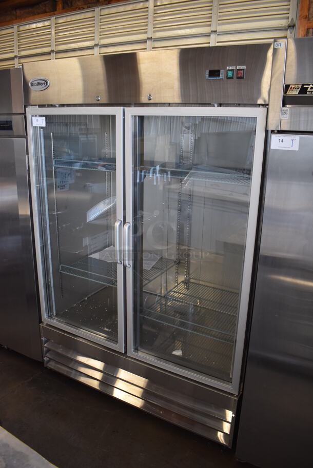 SCRATCH AND DENT! KoolMore RIR-2D-GD Stainless Steel Commercial 2 Door Reach In Cooler Merchandiser w/ Poly Coated Racks on Commercial Casters. 115 Volts, 1 Phase. 54x34x82. Tested and Powers On But Does Not Get Cold - Image 3 of 8