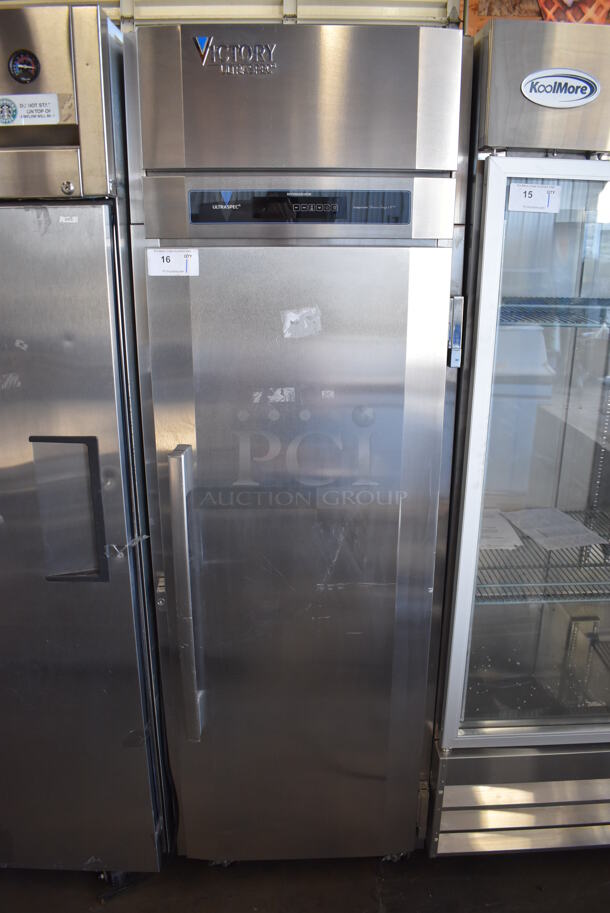 BRAND NEW! Victory RS-1D-R1-448186APS3C Stainless Steel Commercial Single Door Reach In Cooler on Commercial Casters. 115 Volts, 1 Phase. 26x34x82. Cannot Test - Unit Is Set Up For Hardwire