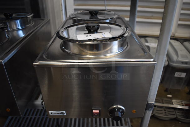 BRAND NEW SCRATCH AND DENT! KoolMore CFW-4 Stainless Steel Commercial Countertop Food Warmer w/ 2 Drop Ins and 2 Lids. 110 Volts, 1 Phase. 13.5x20x13. Tested and Working!