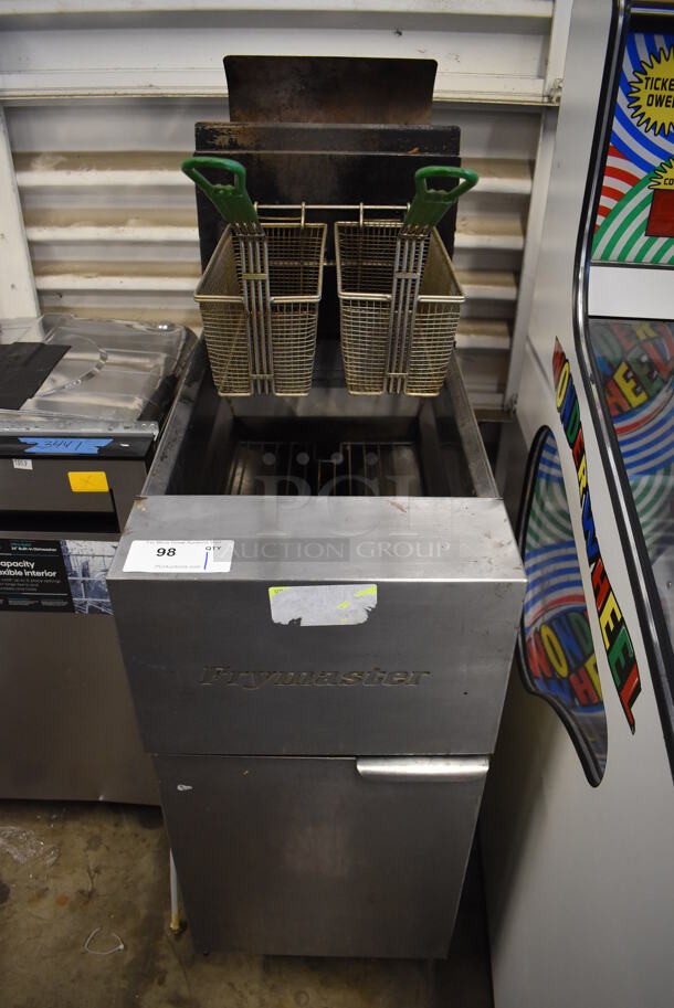 Frymaster GF40SD Stainless Steel Commercial Floor Style Natural Gas Powered Deep Fat Fryer w/ 2 Metal Fry Baskets on Commercial Casters. 122,000 BTU. 15.5x30x54