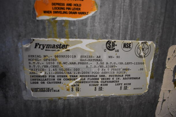 Frymaster GF40SD Stainless Steel Commercial Floor Style Natural Gas Powered Deep Fat Fryer w/ 2 Metal Fry Baskets on Commercial Casters. 122,000 BTU. 15.5x30x54 - Image 6 of 6