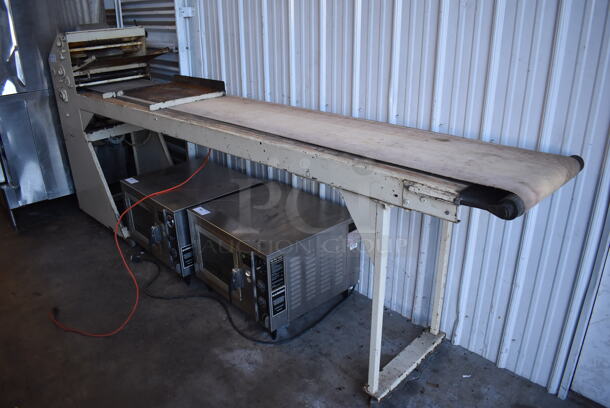 Acme 8-12 Metal Commercial Floor Style Dough Sheeter w/ 9' Conveyor Belt. 110 Volts, 1 Phase. 132x22x57. Tested and Working!