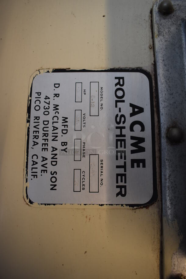 Acme 8-12 Metal Commercial Floor Style Dough Sheeter w/ 9' Conveyor Belt. 110 Volts, 1 Phase. 132x22x57. Tested and Working! - Image 5 of 8