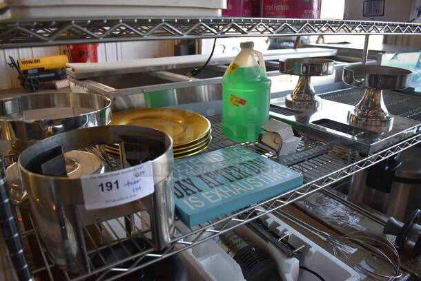 ALL ONE MONEY! Tier Lot of Various Items Including Sign. Chargers, Stand and Jug of Green Cleaner - Image 1 of 4
