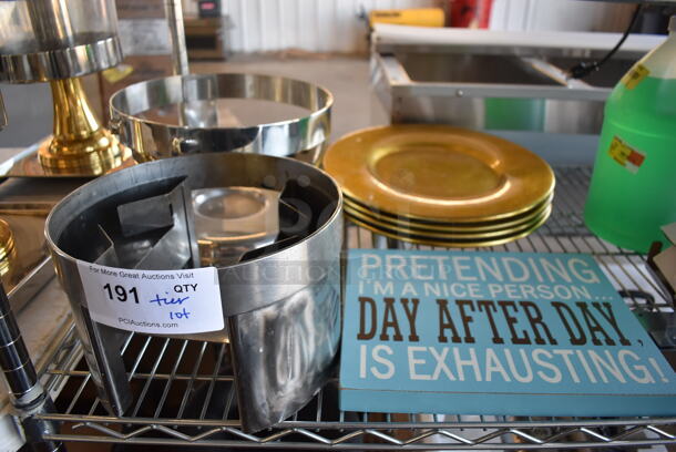 ALL ONE MONEY! Tier Lot of Various Items Including Sign. Chargers, Stand and Jug of Green Cleaner - Image 2 of 4