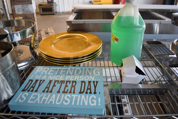 ALL ONE MONEY! Tier Lot of Various Items Including Sign. Chargers, Stand and Jug of Green Cleaner - Image 3 of 4