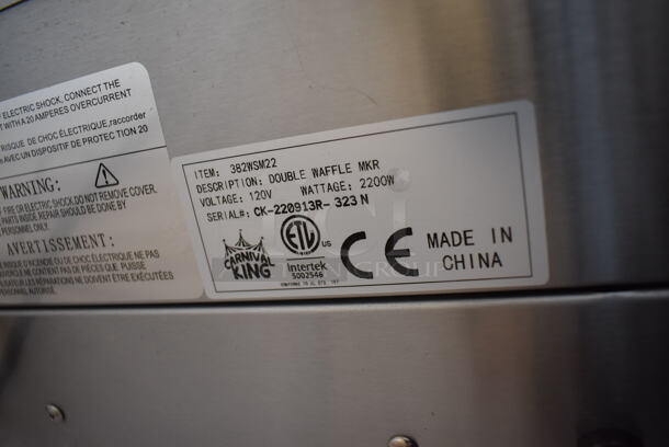 LIKE NEW! Carnival King 382WSM22 Stainless Steel Commercial Countertop Non-Stick Double Waffle Maker with Timers. 120 Volts, 1 Phase. Unit Has Only Been Used a Few Times! 20x16x11. Tested and Working! - Image 6 of 7