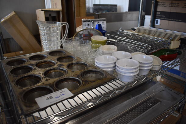 ALL ONE MONEY! Tier Lot of Various Items Including Poly Ramekins, Metal Muffin Baking Pan, Glass Bowls - Image 1 of 8