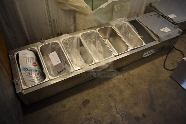 BRAND NEW SCRATCH AND DENT! 2022 KoolMore SCDC-6P-SG Stainless Steel Commercial Countertop Refrigerated Condiment Prep Station w/ Glass Panes for Sneeze Guard. Missing 1 Side Glass Panel For Sneeze Guard. 115 Volts, 1 Phase. 59x16x10. Tested and Working!