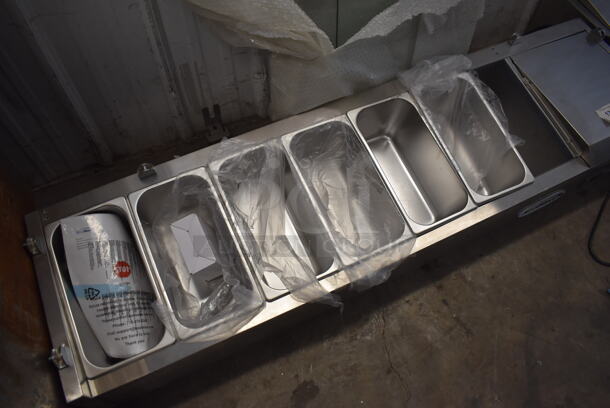 BRAND NEW SCRATCH AND DENT! 2022 KoolMore SCDC-6P-SG Stainless Steel Commercial Countertop Refrigerated Condiment Prep Station w/ Glass Panes for Sneeze Guard. Missing 1 Side Glass Panel For Sneeze Guard. 115 Volts, 1 Phase. 59x16x10. Tested and Working! - Image 3 of 6