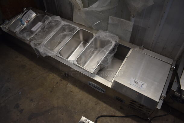 BRAND NEW SCRATCH AND DENT! 2022 KoolMore SCDC-6P-SG Stainless Steel Commercial Countertop Refrigerated Condiment Prep Station w/ Glass Panes for Sneeze Guard. Missing 1 Side Glass Panel For Sneeze Guard. 115 Volts, 1 Phase. 59x16x10. Tested and Working! - Image 4 of 6