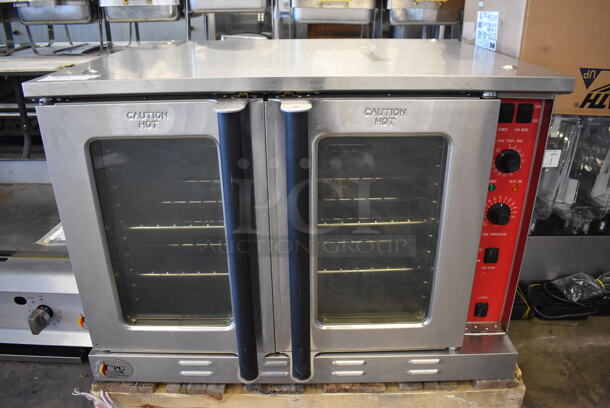 LIKE NEW! CPG Cooking Performance Group FEC-100-B Stainless Steel Commercial Electric Powered Full Size Convection Oven w/ View Through Doors, Metal Oven Racks and Thermostatic Controls. 208 Volts, 1 Phase. 38x30x28. Tested and Working!