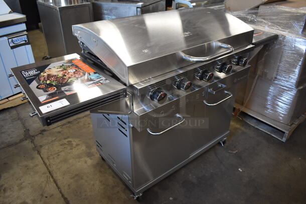 BRAND NEW! Members Mark Pro Series G70302/G70302-1 Stainless Steel Commercial 5 Burner Propane Gas Powered Flat Top Griddle Portable Grill on Commercial Casters. 68x25x42