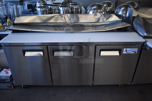 BRAND NEW SCRATCH AND DENT! Avantco 178APT71HC Stainless Steel Commercial Sandwich Salad Prep Table Bain Marie Mega Top on Commercial Casters. 115 Volts, 1 Phase. 71x31x43. Tested and Working! - Image 1 of 10