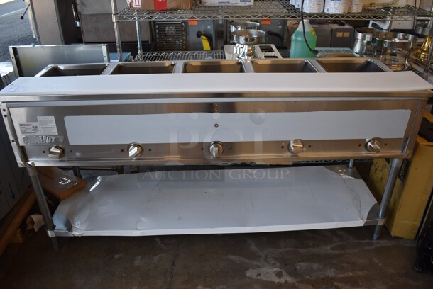 BRAND NEW SCRATCH AND DENT! ServIt 423EST5WO Stainless Steel Commercial Electric Powered 5 Well Steam Table w/ Cutting Board and Under Shelf. 208/240 Volts, 1 Phase. 71x23x36. Tested and Working! - Image 1 of 7