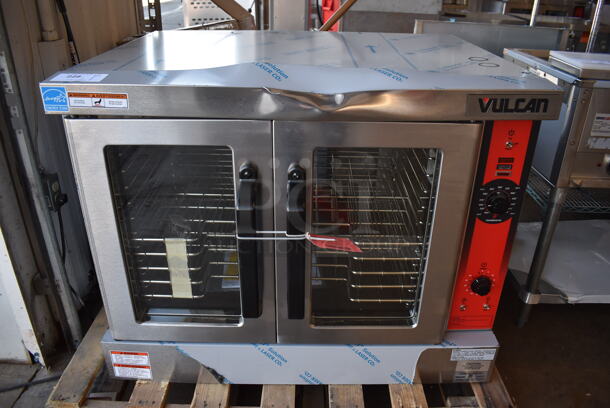 BRAND NEW SCRATCH AND DENT! LATE MODEL! Vulcan VC4GD-11D150K ENERGY STAR Stainless Steel Commercial Natural Gas Powered Powered Full Size Convection Oven w/ View Through Doors, Metal Oven Racks and Thermostatic Controls. 40x31x31. Tested and Working! - Image 1 of 11