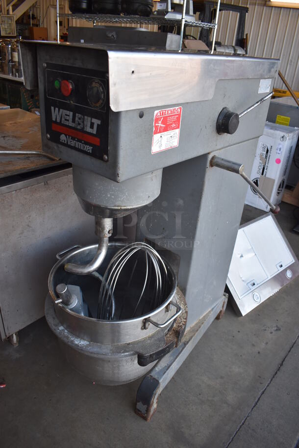 Welbilt Varimixer W60 Metal Commercial Floor Style 60 Quart Planetary Dough Mixer w/ Metal Mixing Bowl, Dough Hook, Whisk and Paddle Attachments. 208 Volts, 3 Phase. 24x36x55