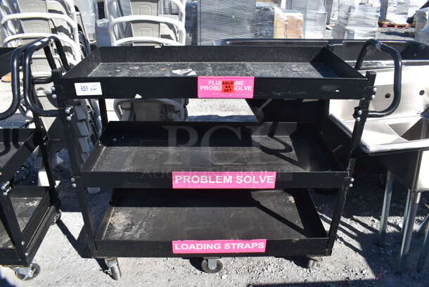 Black Metal 3 Tier Cart w/ 2 Push Handles on Commercial Casters. 62x22x50