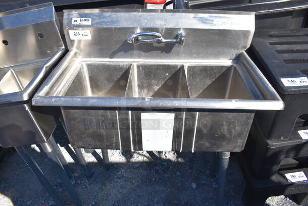 Atlantic Stainless Steel Commercial 3 Bay Sink w/ Faucet and Handles. 35x19x42. Bay 10x14x10 - Image 1 of 5