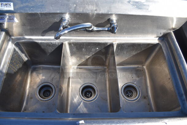 Atlantic Stainless Steel Commercial 3 Bay Sink w/ Faucet and Handles. 35x19x42. Bay 10x14x10 - Image 3 of 5