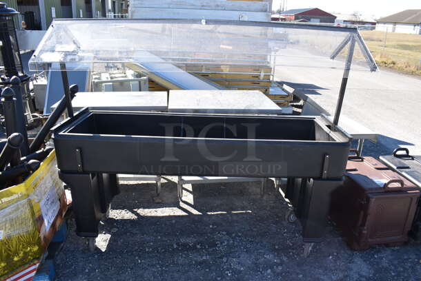 Black Poly Buffett Station w/ Sneeze Guard on Commercial Casters. 74x29x60