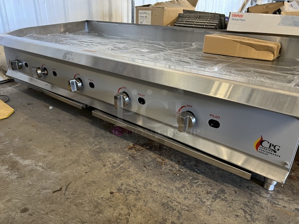 BRAND NEW SCRATCH AND DENT! CPG Cooking Performance Group 351GMCPG60NL Stainless Steel Commercial Countertop Natural Gas Powered Flat Top Griddle w/ Thermostatic Controls. 60x30x16. Tested and Working! - Image 2 of 6