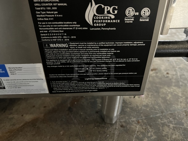 BRAND NEW SCRATCH AND DENT! CPG Cooking Performance Group 351GMCPG60NL Stainless Steel Commercial Countertop Natural Gas Powered Flat Top Griddle w/ Thermostatic Controls. 60x30x16. Tested and Working! - Image 4 of 6