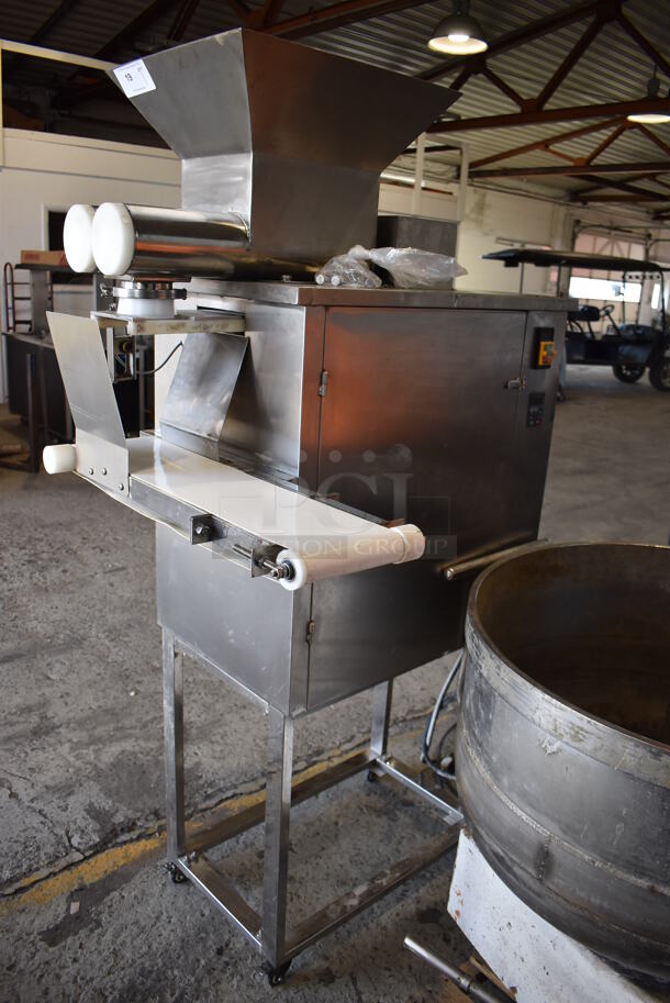 Taibo MF2-C Stainless Steel Commercial Floor Style Dough Divider on Commercial Casters. 240 Volts, 1 Phase. 31x43x73