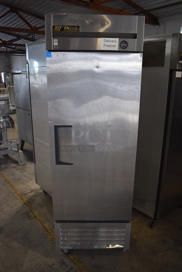 2013 True T-23F ENERGY STAR Stainless Steel Commercial Single Door Reach In Freezer w/ Poly Coated Racks on Commercial Casters. 115 Volts, 1 Phase. 27x30x84. Tested and Working! - Image 1 of 6