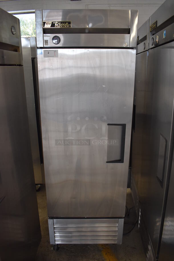 2013 True T-23F ENERGY STAR Stainless Steel Commercial Single Door Reach In Freezer w/ Poly Coated Racks on Commercial Casters. 115 Volts, 1 Phase. 27x30x84. Tested and Working!