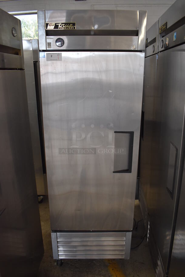 2013 True T-23F ENERGY STAR Stainless Steel Commercial Single Door Reach In Freezer w/ Poly Coated Racks on Commercial Casters. 115 Volts, 1 Phase. 27x30x84. Tested and Working! - Image 1 of 6