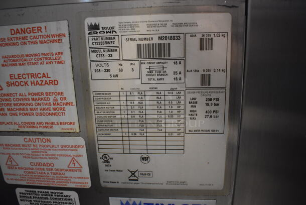2012 Taylor C723-33 Stainless Steel Commercial Floor Style Air Cooled 2 Flavor w/ Twist Soft Serve Ice Cream Machine. 208-230 Volts, 3 Phase. 27x34x58 - Image 8 of 8