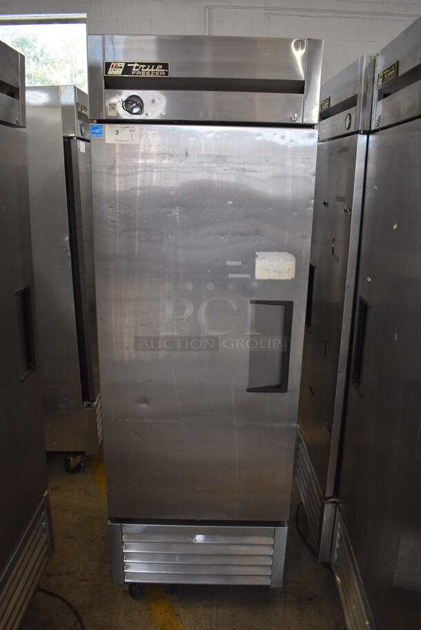 2013 True T-23F ENERGY STAR Stainless Steel Commercial Single Door Reach In Freezer w/ Poly Coated Racks on Commercial Casters. 115 Volts, 1 Phase. 27x30x84. Tested and Working! - Image 1 of 7