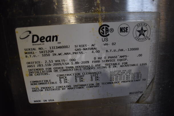 2013 Dean SR152GN Stainless Steel Commercial Floor Style Natural Gas Powered Deep Fat Fryer w/ 2 Metal Fry Baskets and Side Splash Guards on Commercial Casters. 120,000 BTU. 15.5x30x47 - Image 6 of 7