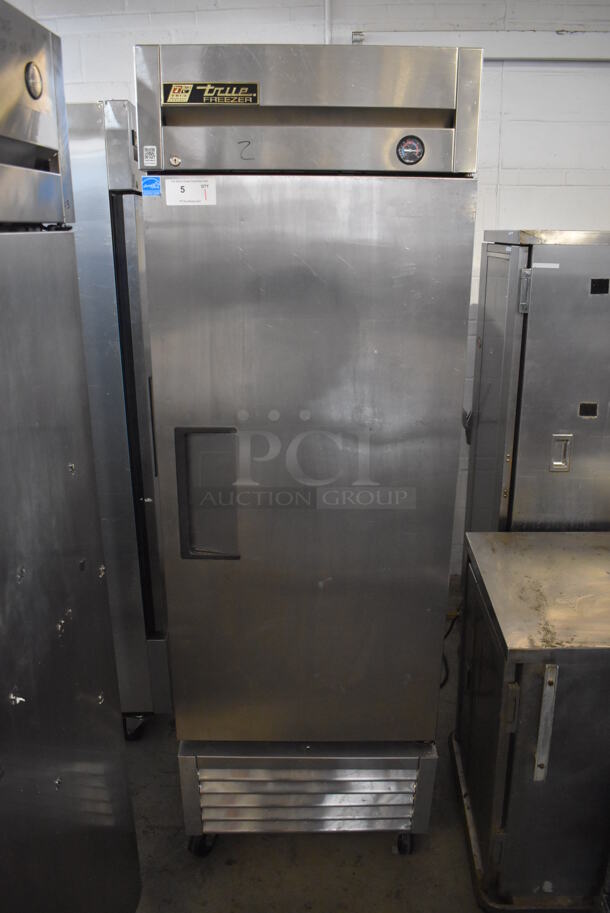 2013 True T-23F ENERGY STAR Stainless Steel Commercial Single Door Reach In Freezer w/ Poly Coated Racks on Commercial Casters. 115 Volts, 1 Phase. 27x30x84. Tested and Working!