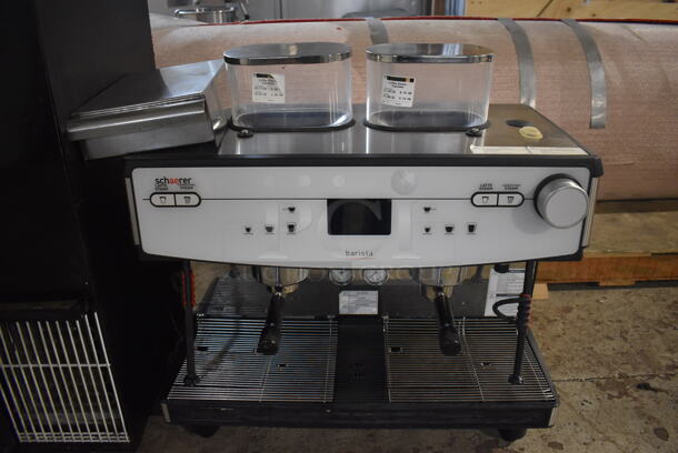 Schaerer Barista Stainless Steel Commercial Countertop 2 Group Espresso Machine w/ 2 Portafilters, 2 Steam Wands and 2 Hoppers. 208 Volts, 1 Phase. 29x23x31 - Image 1 of 6