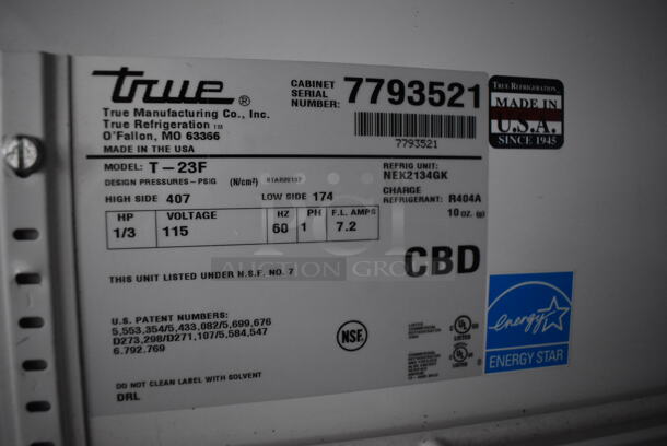 2013 True T-23F ENERGY STAR Stainless Steel Commercial Single Door Reach In Freezer w/ Poly Coated Racks on Commercial Casters. 115 Volts, 1 Phase. 27x30x84. Tested and Working! - Image 7 of 7