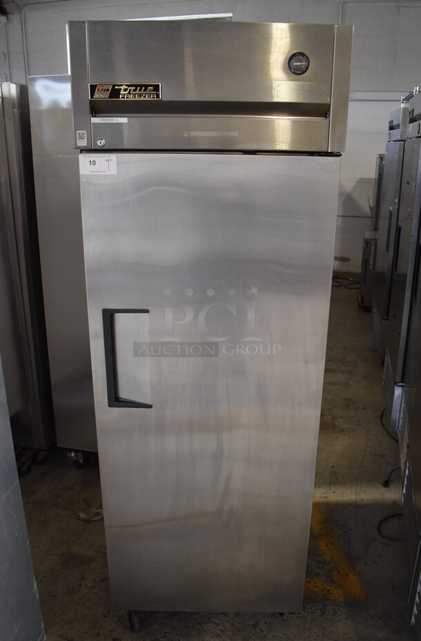 2011 True TG1F-1S Stainless Steel Commercial Single Door Reach In Freezer w/ Poly Coated Racks on Commercial Casters. 115 Volts, 1 Phase. 28x35x83. Tested and Working!