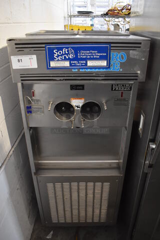 2013 Electro Freeze SL500-232 Stainless Steel Commercial Floor Style Air Cooled 2 Flavor w/ Twist Soft Serve Ice Cream Machine on Commercial Casters. 208-230 Volts, 3 Phase. 22x29x59